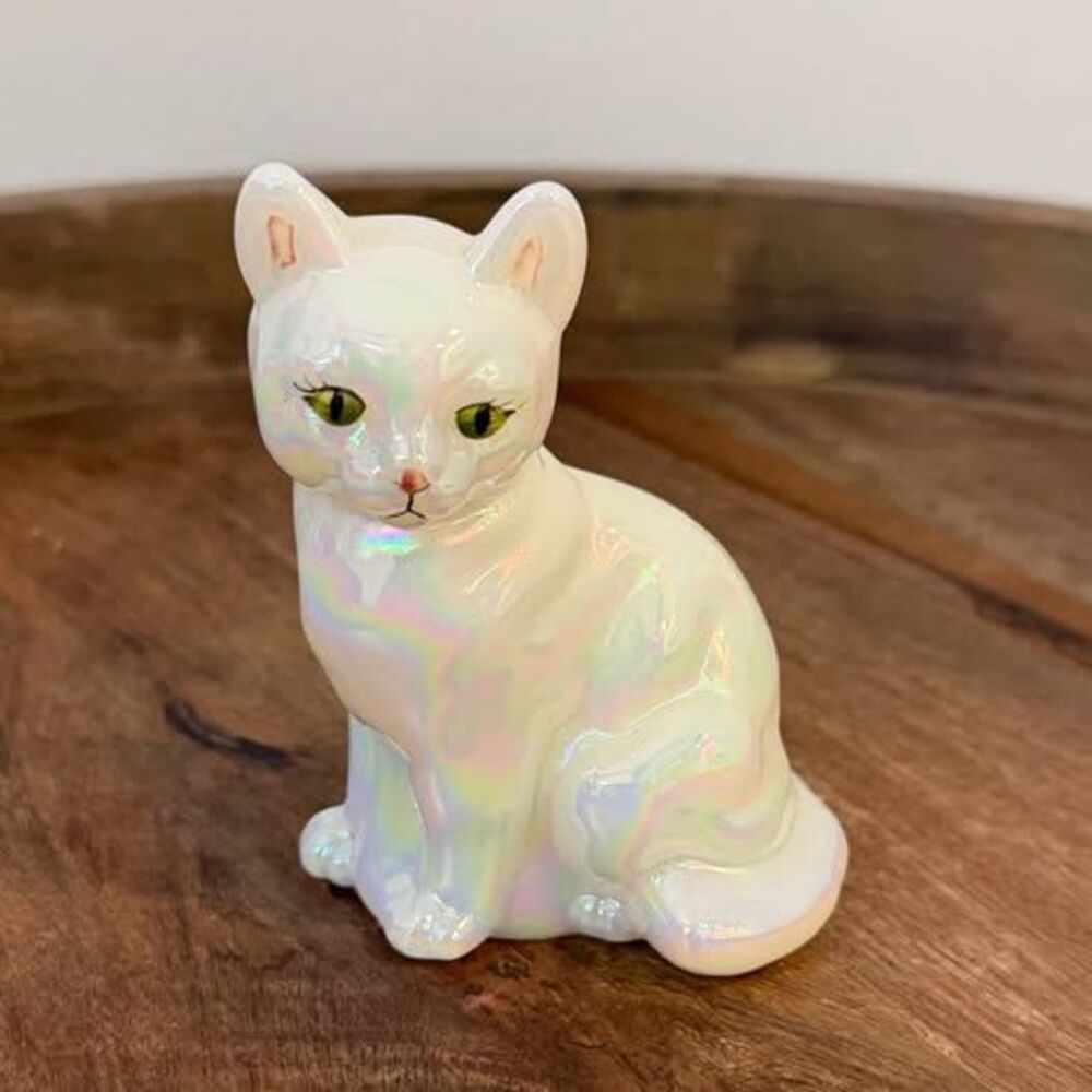 Vintage Fenton Art Glass Iridescent White Sitting Calendar Cat Figurine - Hand P